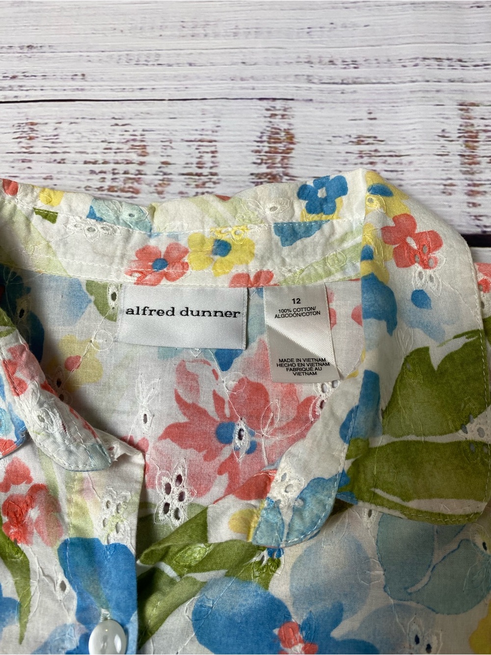 Alfred Dunner Floral Eyelet Button-Up Shirt - Blue, Green, Pink, Yellow - Picture 3 of 6